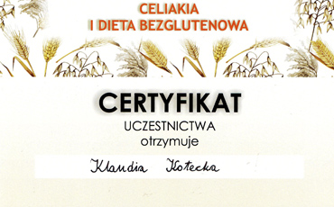 Certyfikat uczestnicwa w konferencji naukowej "Celiakia i Dieta Bezglutenowa".