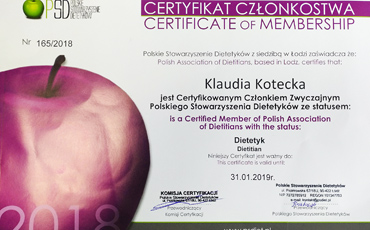 Certyfikat Członka Zwyczajnego Polskiego Stowarzyszenia Dietetyków ze statusem: Dietetyk