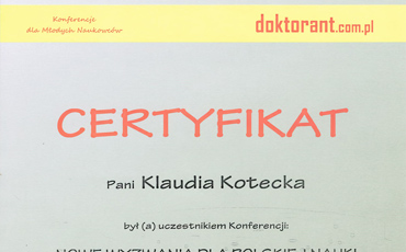 Certyfikat uczestnictwa w Konferencji Młodych Naukowców nt. Nowe Wyzwania Dla Polskiej Nauki IV Edycja, Nauki przyrodnicze i inżynieryjne