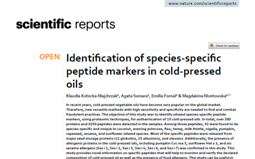 Publikacja „Identification of species‑specific peptide markers in cold‑pressed oils”