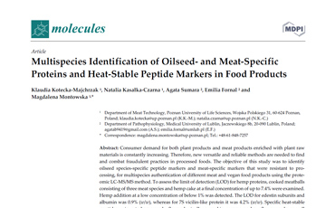 Publikacja „Multispecies Identification of Oilseed ‐ and Meat‐Specific Proteins and Heat‐Stable Peptide Markers in Food Products”